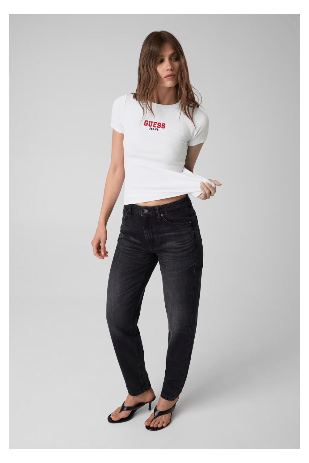Guess Jeans Rib T-Shirt Slim Μπλούζα με Κέντημα Άσπρο W4YI64KA0H1-G011