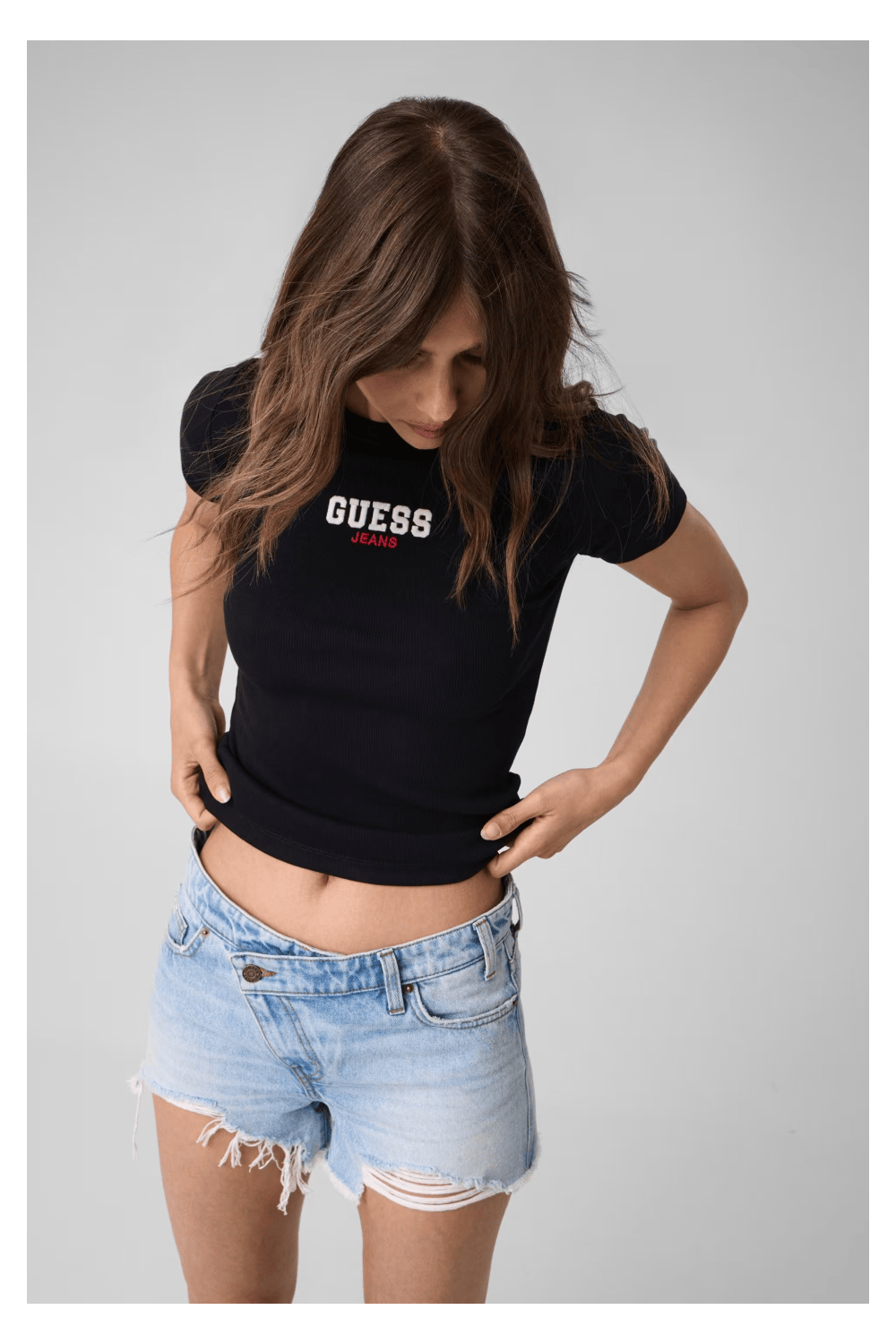 Guess Jeans Rib T-Shirt Slim Μπλούζα με Κέντημα Μαύρο W4YI64KA0H1-JBLK