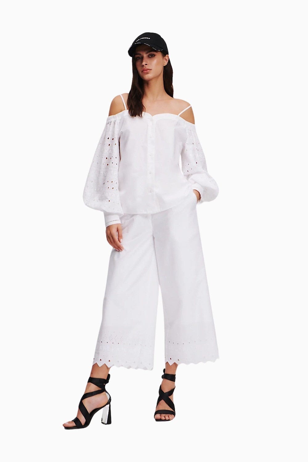 Karl Lagerfeld Broderie Anglaise Off Shoulder Shirt White 241W1608 100