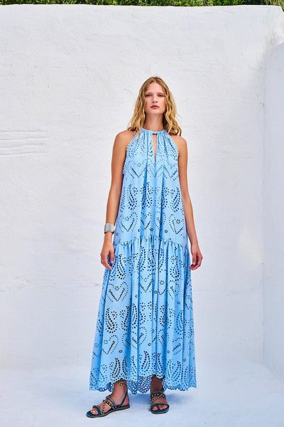 Lace Maxi Φόρεμα Broderie Γαλάζιο Μ-8496