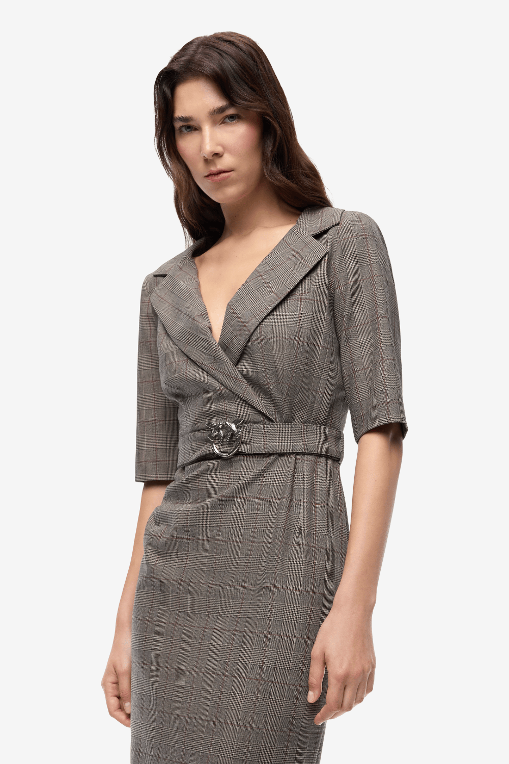 Pinko Anthea Fitted Wool Checkered Dress with Love Birds Belt Beige 107417 A3FF CYZ
