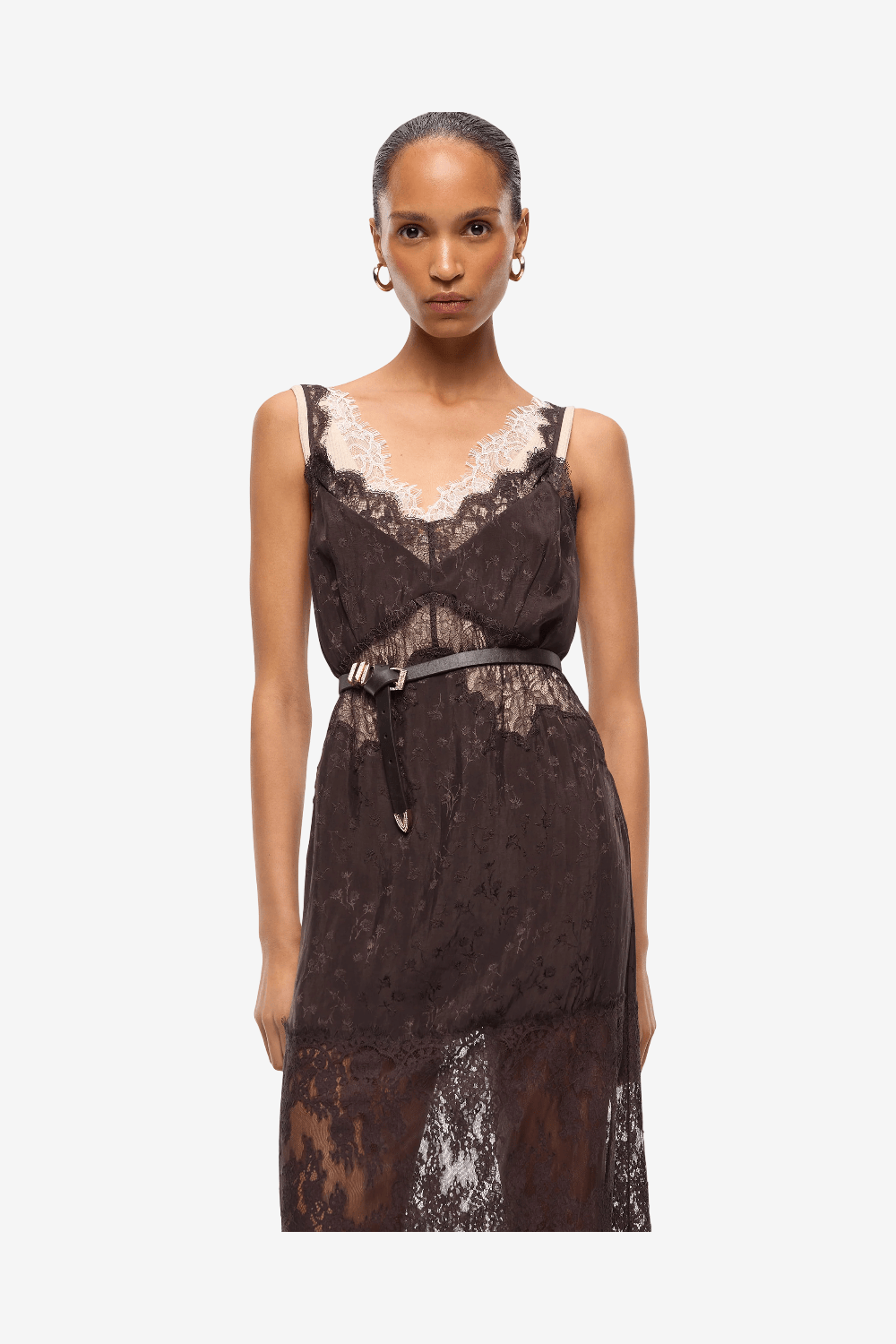 Pinko Aster Midi Μίντι Φόρεμα με Δαντέλα Καφέ 107347 A3FC L72