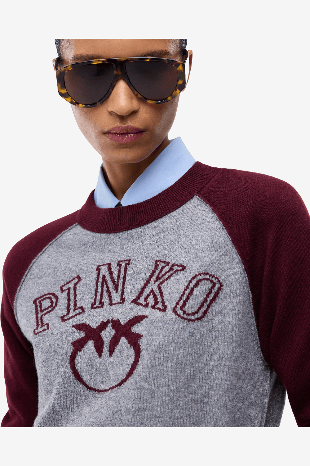 Pinko Amsterdam Knitted Blouse with Love Birds Logo Grey/Burgundy 107326 A3IO IY9