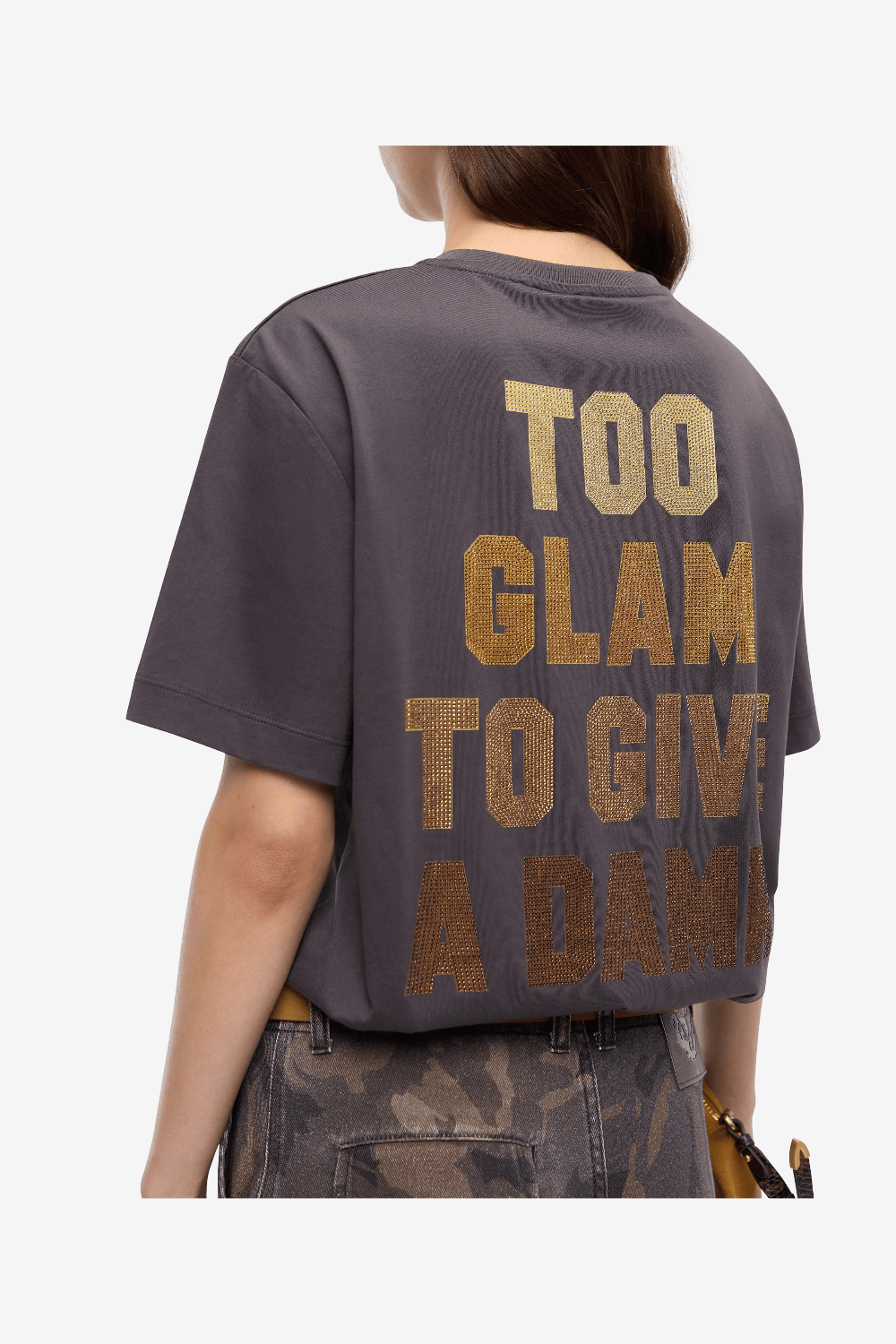 Pinko Strepitoso T-Shirt «Too Glam To Give A Damn» με Strass Γκρι 105526 A3KJ I1H