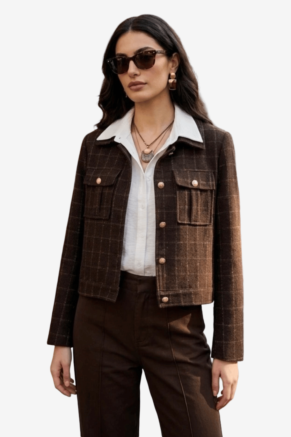 Soky & Soka Κοντό Καρό Tweed Σακάκι με Ανάγλυφη Υφή και Χρυσά Κουμπιά Καφέ 7065