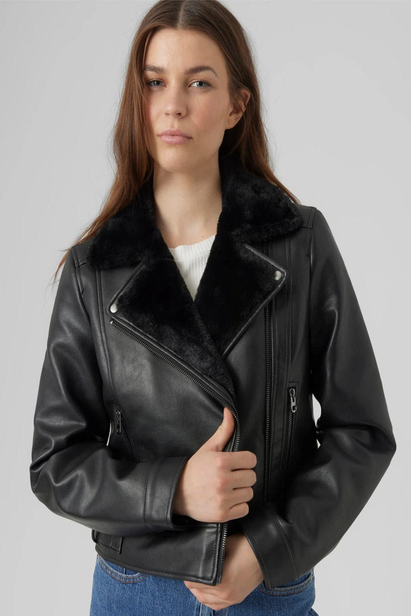 Vero Moda Biker Jacket με Δερμάτινη Υφή Μαύρο 10250405