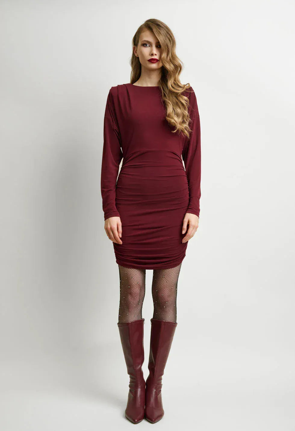 desiree mini dress burgundy with Ruching 08.43088 – Size:34RC BCBG Pleated Strappy Dress duplicate-20250328
