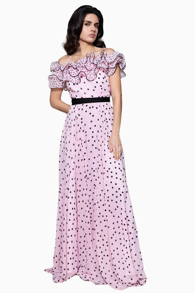 Desiree Μακρύ Φόρεμα Πουά με Βολάν Ροζ 08.40017