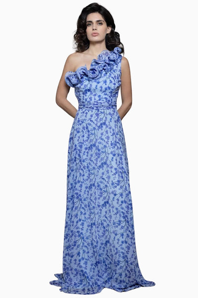 Desiree Φόρεμα Εμπριμέ με Έναν Ώμο και Βολάν Μπλε 08.40057