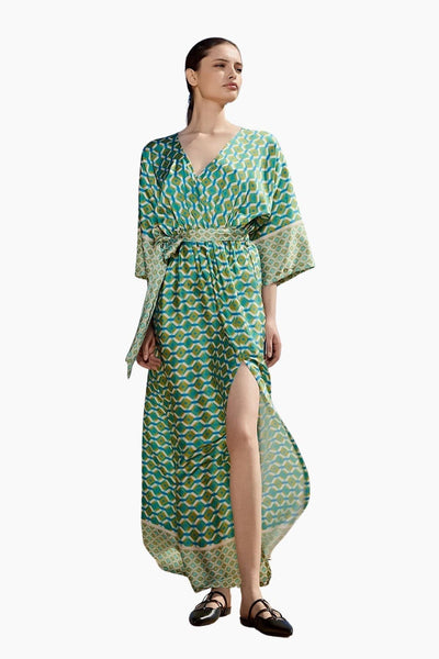 Desiree Εμπριμέ Σατινέ Φόρεμα με Ζώνη Πράσινο 08.40063