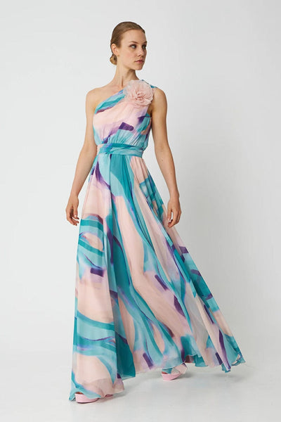 Desiree Φόρεμα Εμπριμέ Ασύμμετρο με Λουλούδι Μπλε 08.40102