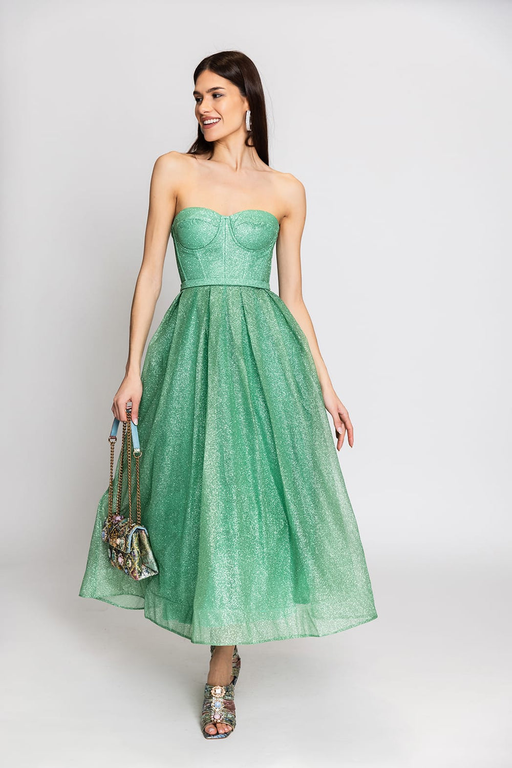 E&L Midi Strapless Βραδινό Φόρεμα Πράσινο HM2474