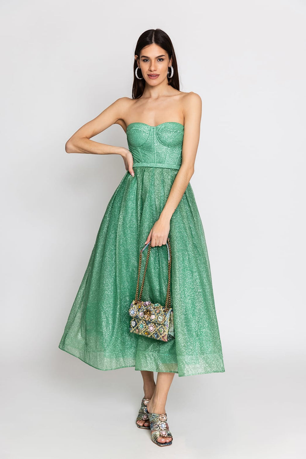 E&L Midi Strapless Βραδινό Φόρεμα Πράσινο HM2474