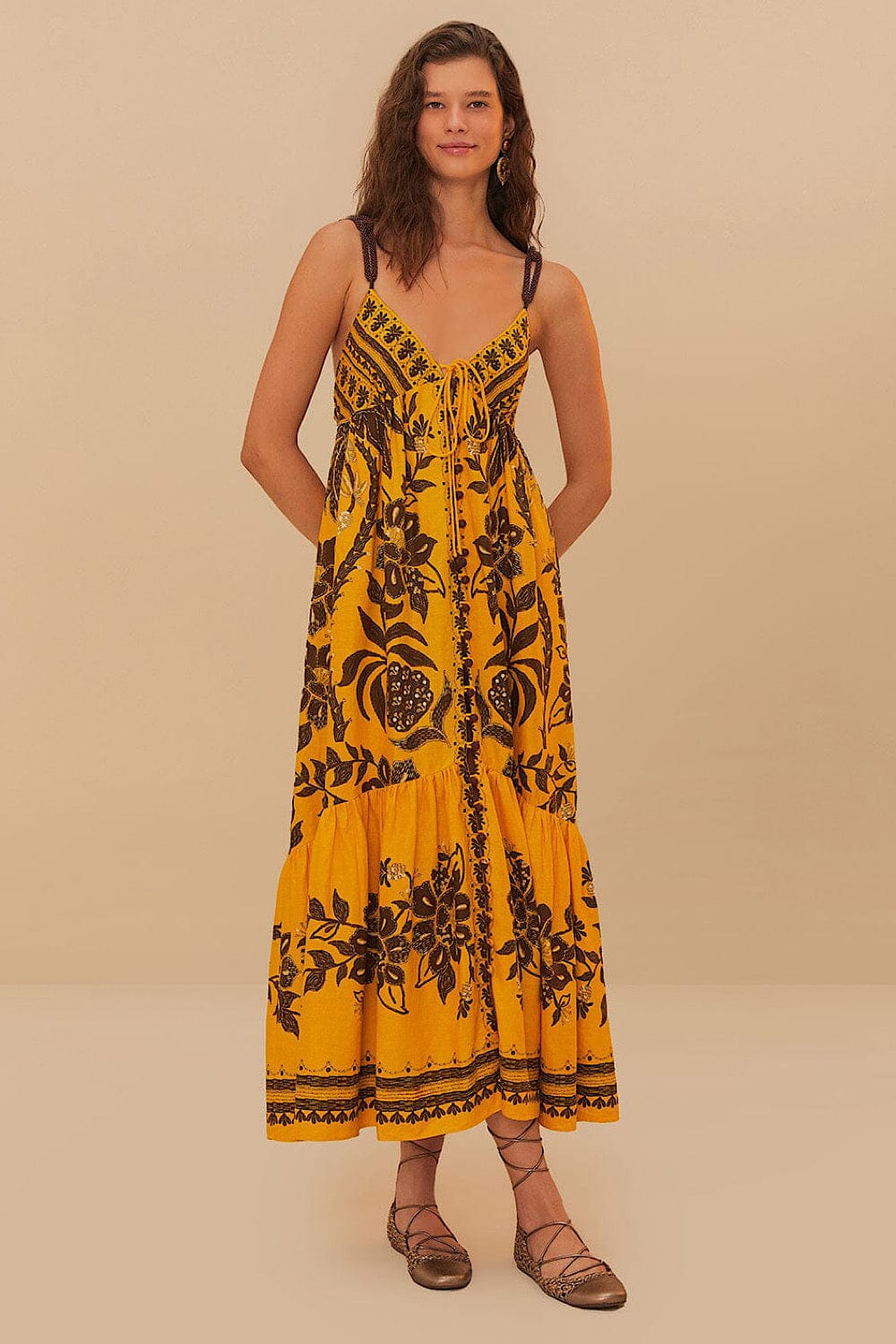 farm rio yellow sleeveless maxi dress Farm Rio Golden Oasis Yellow Sleeveless Midi Dress 332171 –  beautycollection.gr