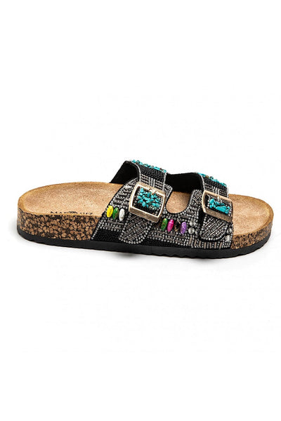 Ideal Shoes Flat Σανδάλια με Πέτρες Μαύρα 1115