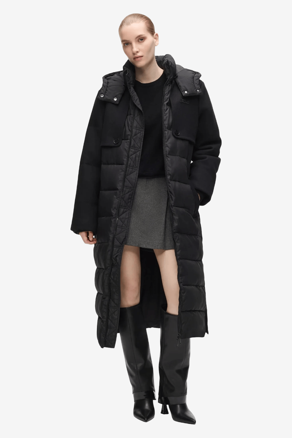 Karl Lagerfeld Belted Long Puffer Jacket Black B4W15003 999