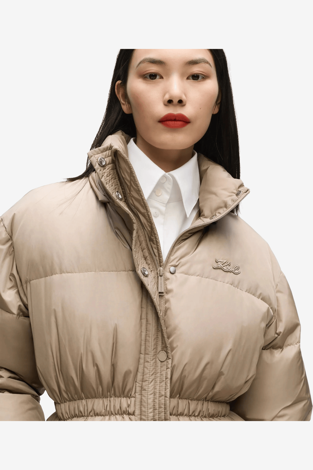 Karl Lagerfeld Cinched Midi Puffer Jacket Beige B4W15060 149