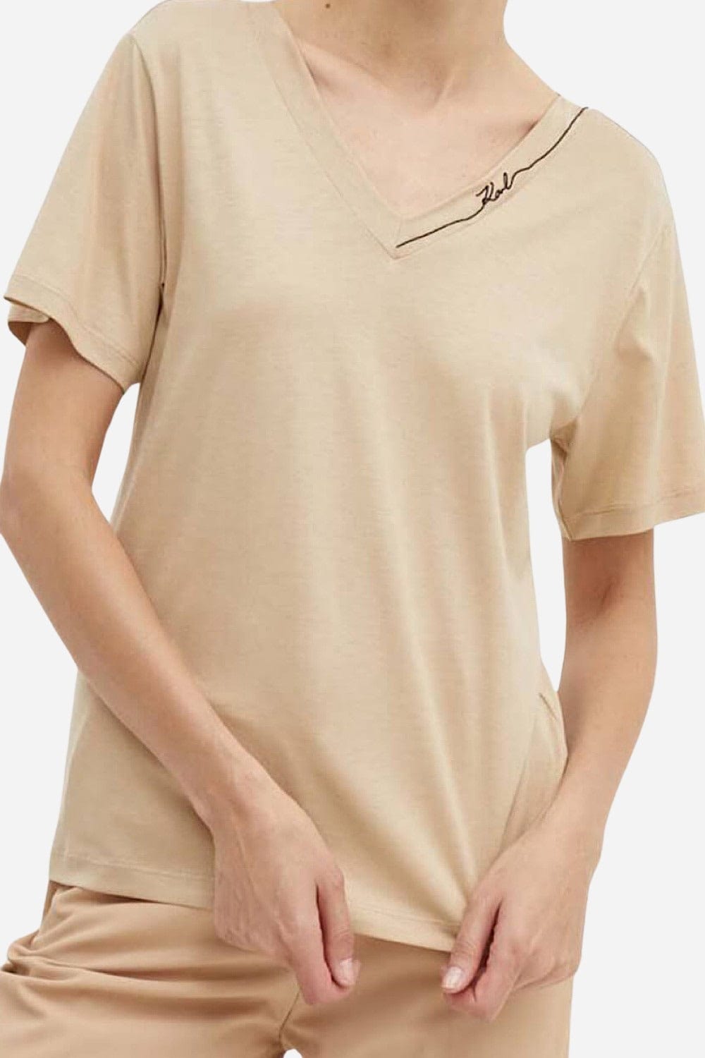 Karl Lagerfeld Signature V-Neck T-Shirt Beige 245W1709 746