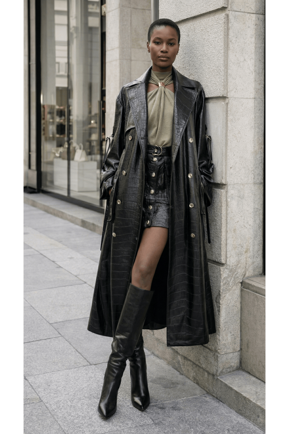 Lace Long Trench Coat Black M-6231