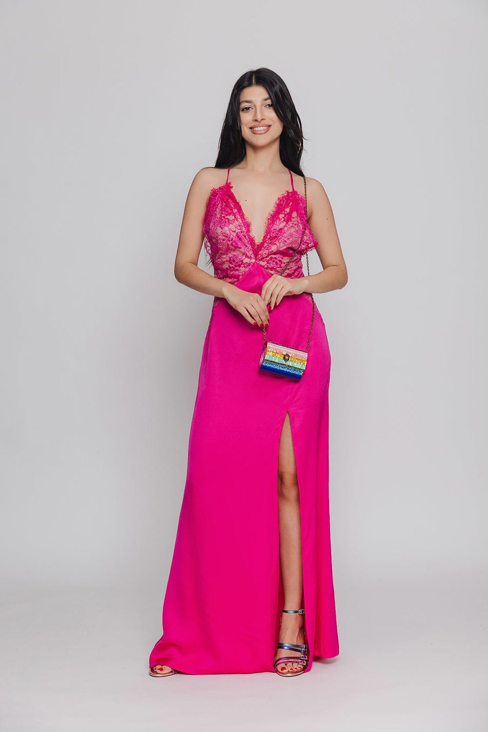 Lace Satin Μακρύ Φόρεμα Φούξια M-8649