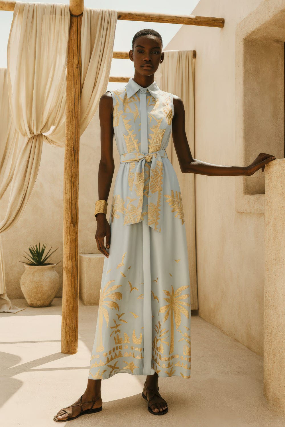 Lace Chemise Dress Sky Blue with Gold Embroidery M-8712