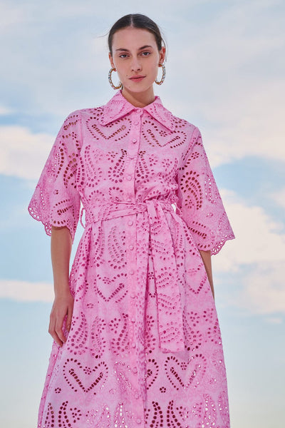 Lace Maxi Φόρεμα Σεμιζιέ Broderie Ροζ Μ-8493