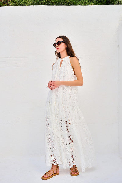 Lace Maxi Φόρεμα Broderie Άσπρο Μ-8496