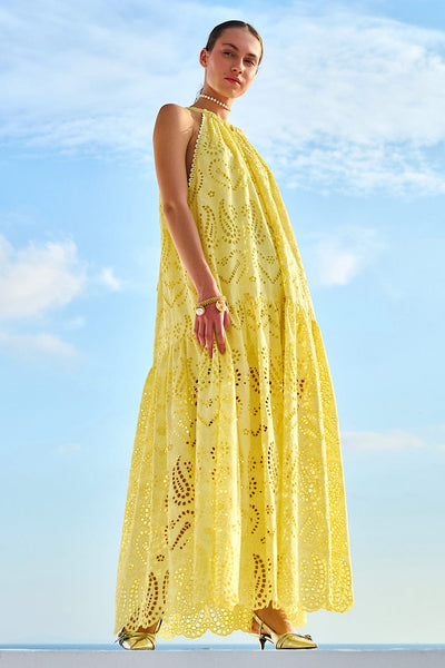 Lace Maxi Φόρεμα Broderie Κίτρινο Μ-8496