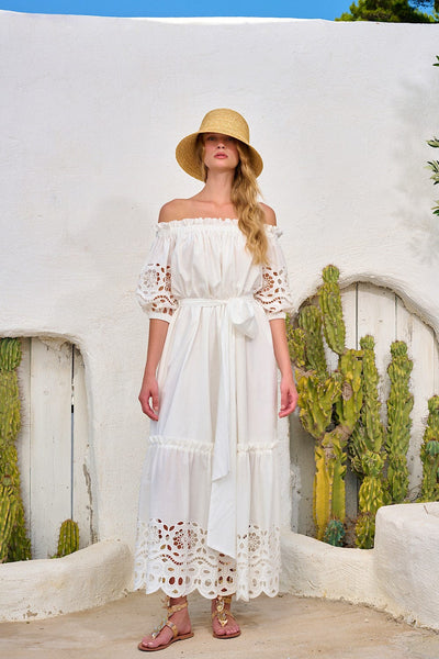 Lace Maxi Broderie Φόρεμα Άσπρο M-8491