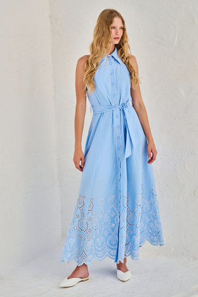Lace Maxi Broderie Φόρεμα Γαλάζιο M-8541