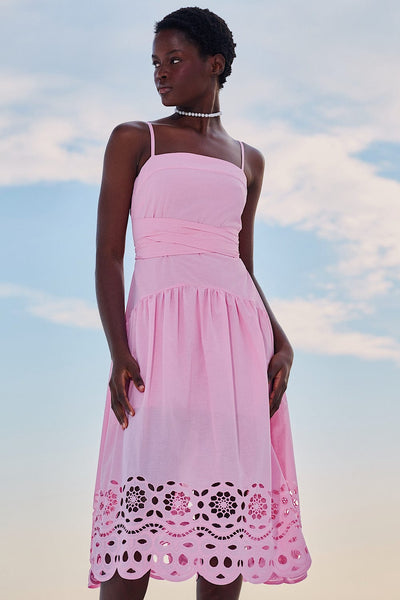 Lace Midi Broderie Φόρεμα Ροζ M-8488