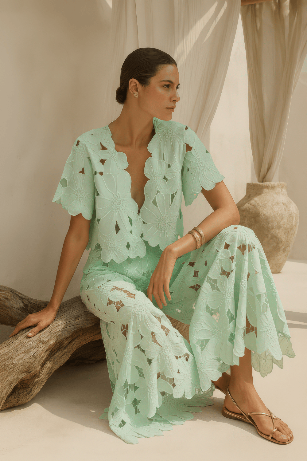Lace Broderie Παντελόνα Aqua M-4415