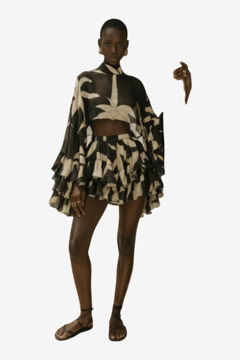 Lace Printed Silk Aveline Ruffled Shorts Black M-4411