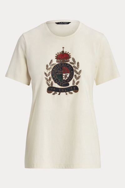 Lauren Ralph Lauren Βαμβακερό Κοντομάνικο T-Shirt με Κέντημα Εκρού 200921565003