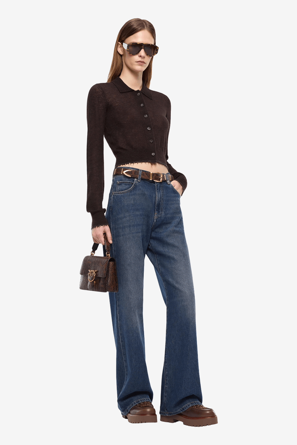 Pinko Madrid Crop Knitted Cardigan with Collar Brown 107331 A3IQ M05