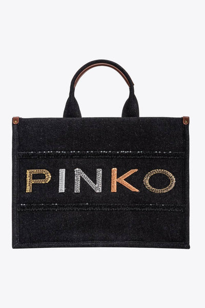 Pinko Shopper Denim με Λογότυπο με Παγιέτες Τσάντα Μαύρη 101964 A17T DN3Q