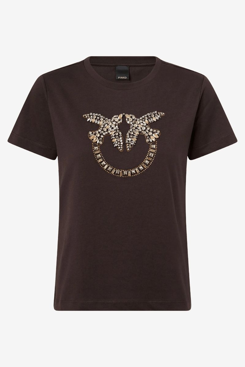 Pinko Quentin T-Shirt με Κέντημα με Strass Καφέ 100535 A3JP L72
