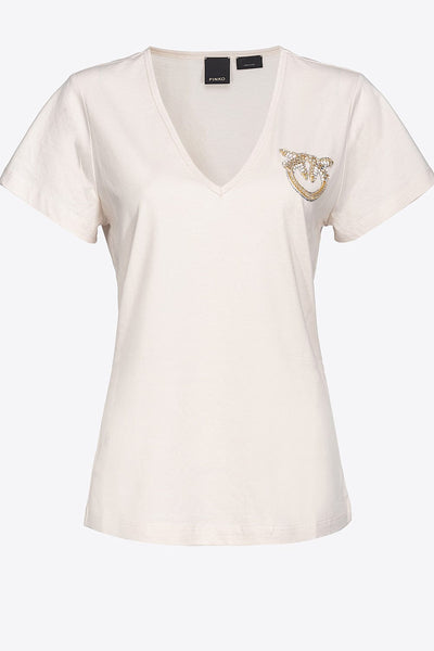 Pinko Turbato Βαμβακερό T-Shirt με Λογότυπο με Στρας Μπεζ 100372 A0MA N96