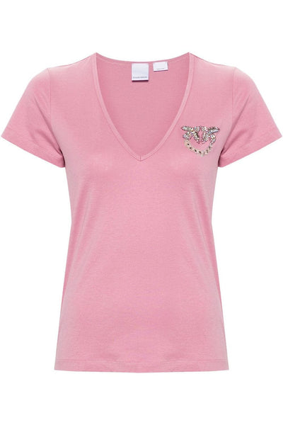 Pinko Turbato Βαμβακερό T-Shirt με Λογότυπο με Στρας Ροζ 100372 A1R7 N98