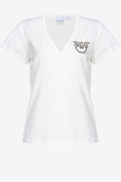 Pinko Turbato Βαμβακερό T-Shirt με Λογότυπο με Στρας Άσπρο 100372 A1R7 Z15