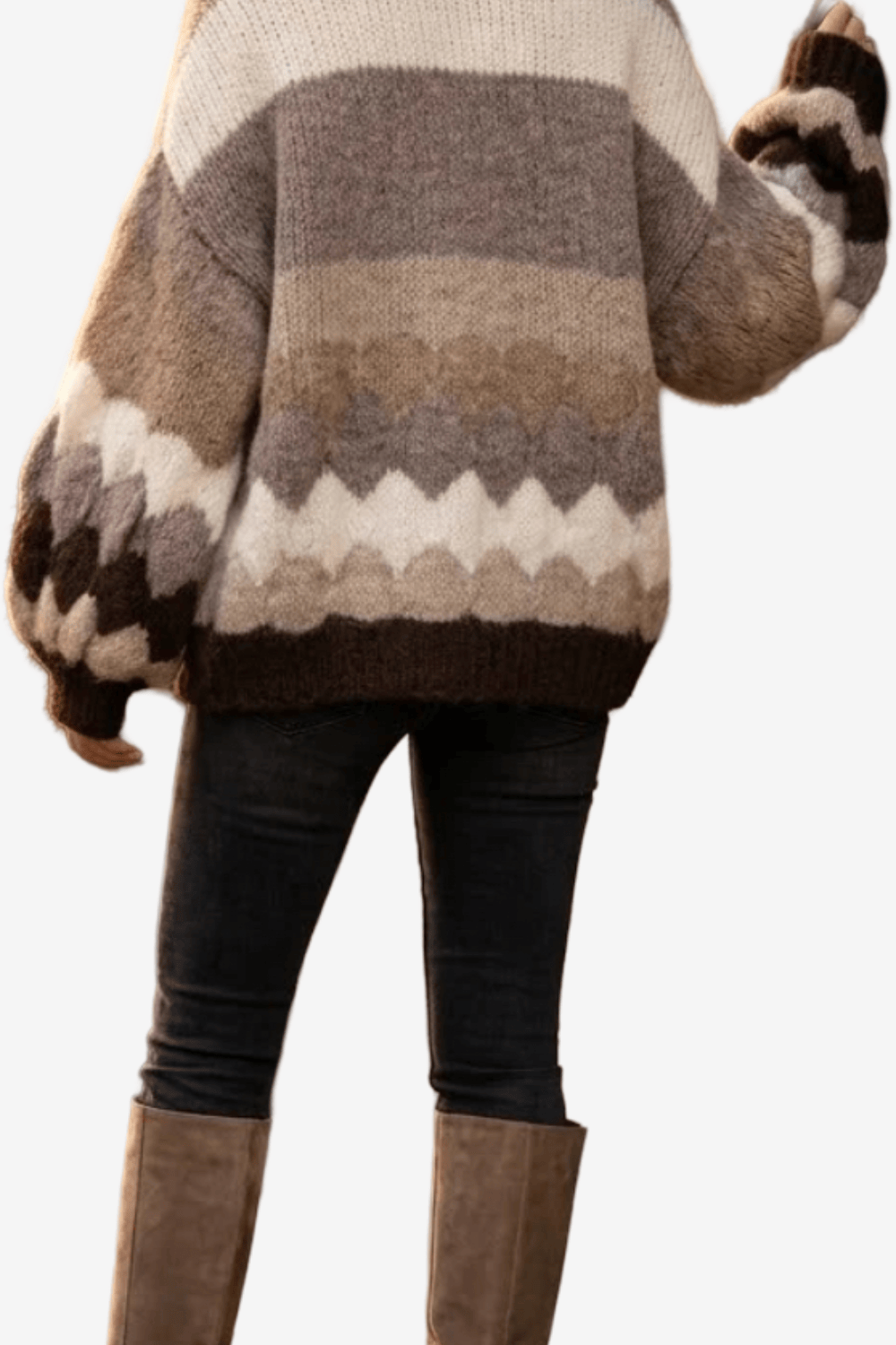 Soky & Soka Πλεκτή Ζακέτα Oversized με Γεωμετρικό Σχέδιο Καφέ/Μπεζ 8003