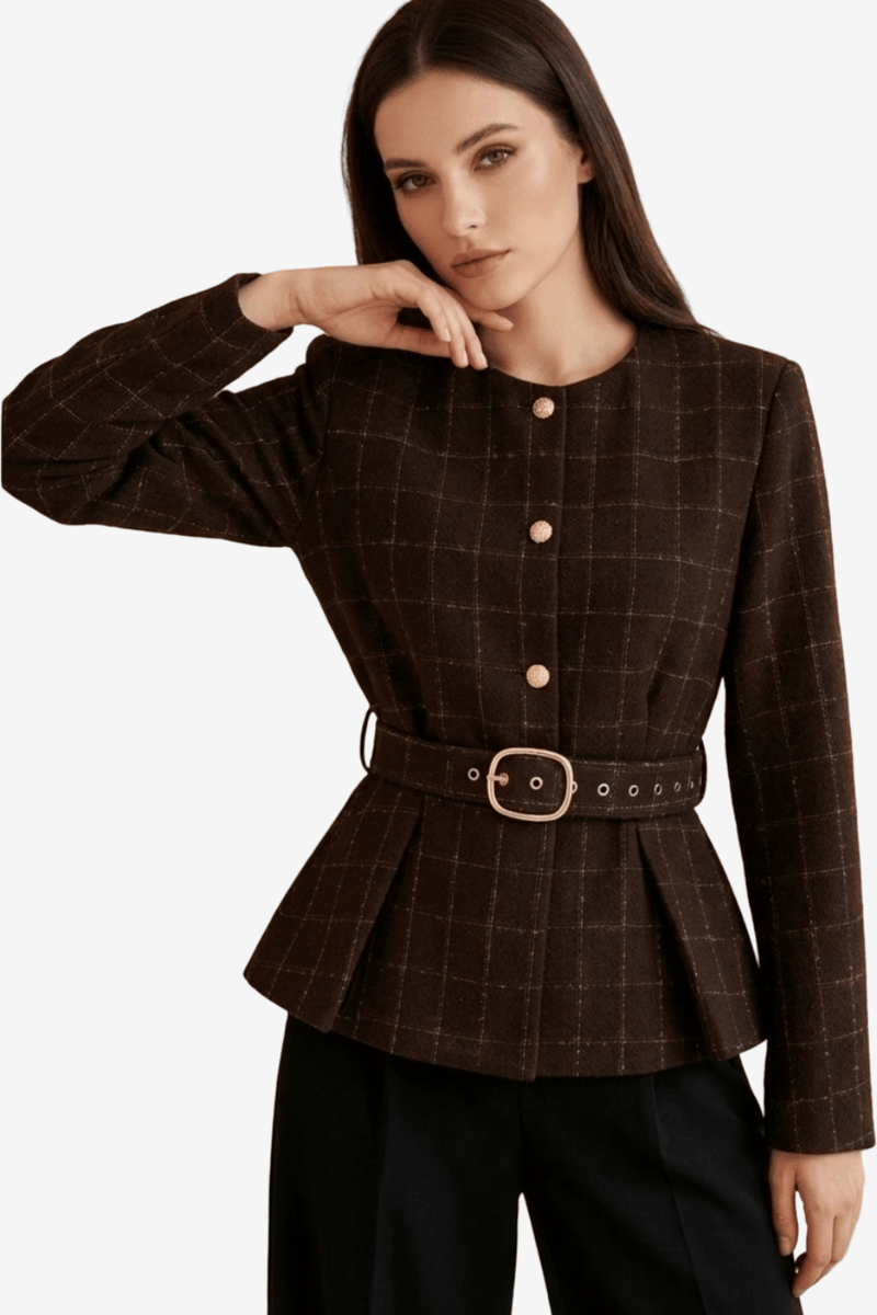 Soky & Soka Κοντό Καρό Σακάκι Tweed με Ζώνη Καφέ 7066