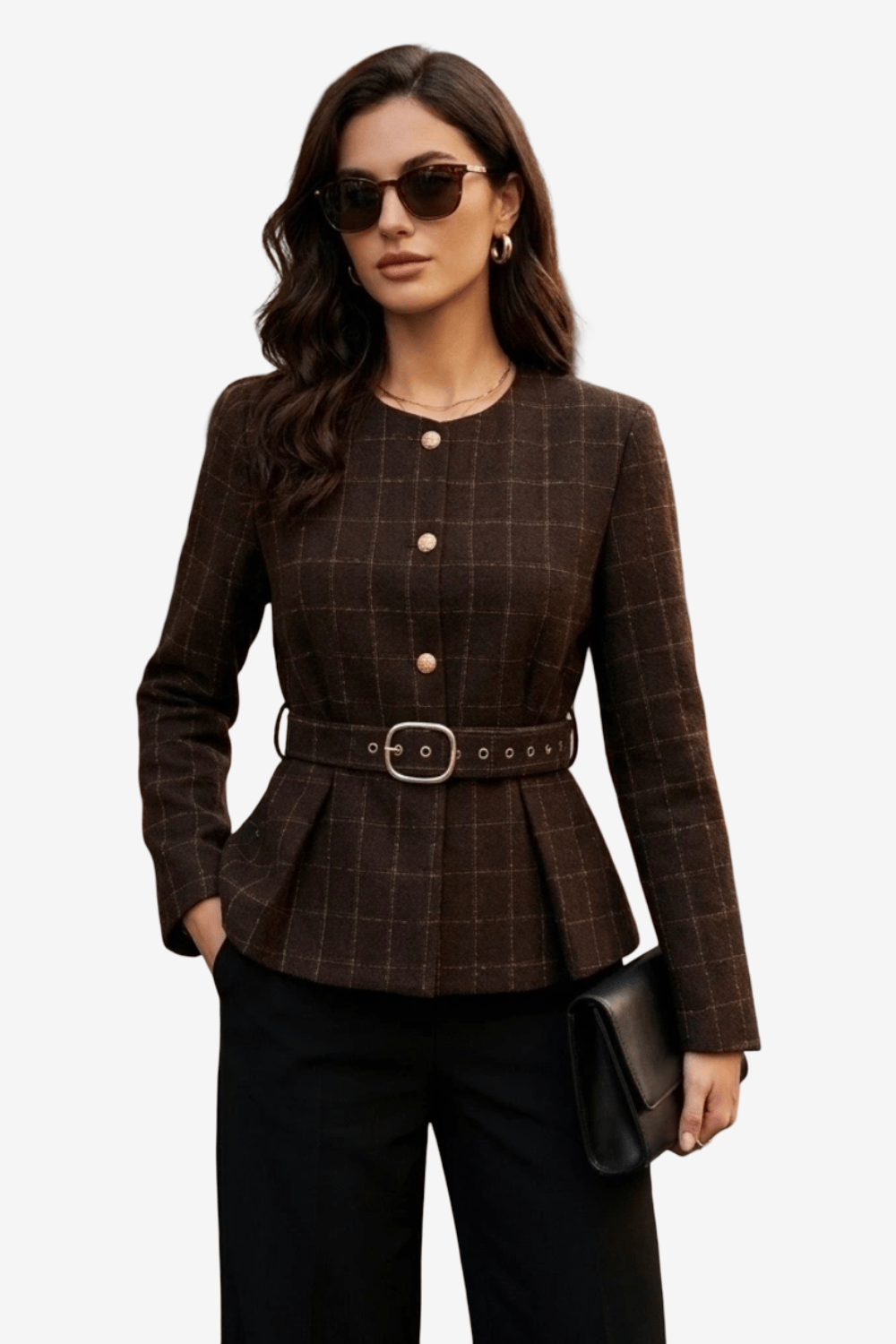 Soky & Soka Κοντό Καρό Σακάκι Tweed με Ζώνη Καφέ 7066