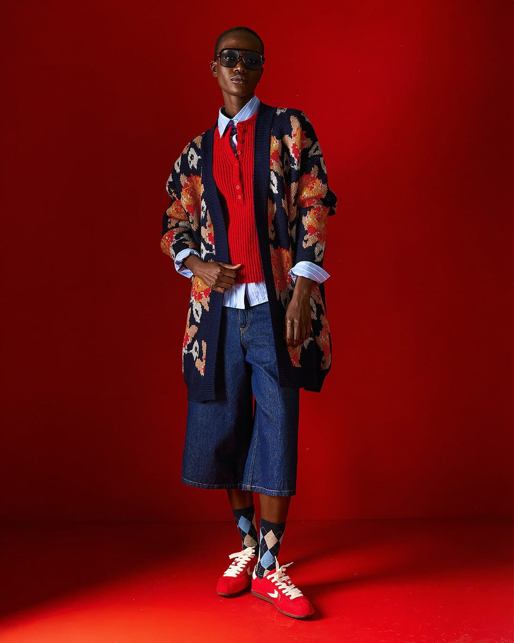 Tailor Made Oversized Πλεκτή Ζακέτα Floral Navy TM7575