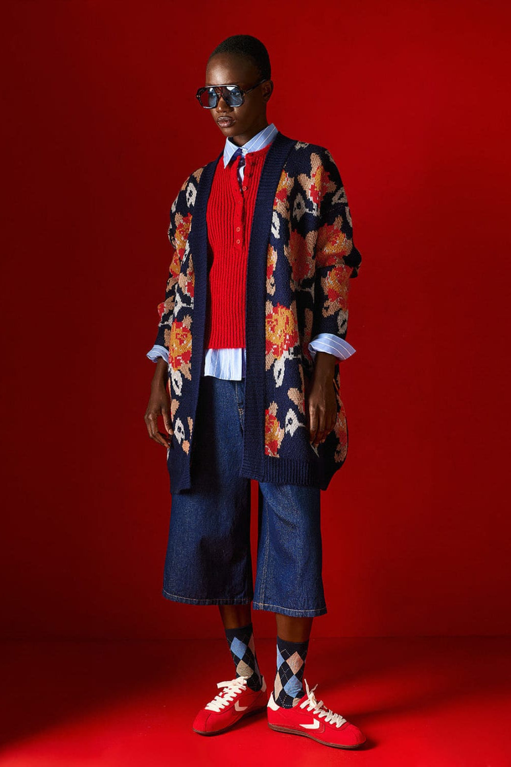 Tailor Made Oversized Knitted Cardigan Floral Navy TM7575