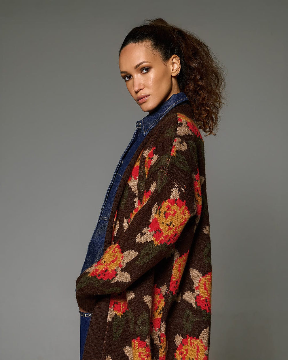 Tailor Made Oversized Πλεκτή Ζακέτα Floral Καφέ  TM7575