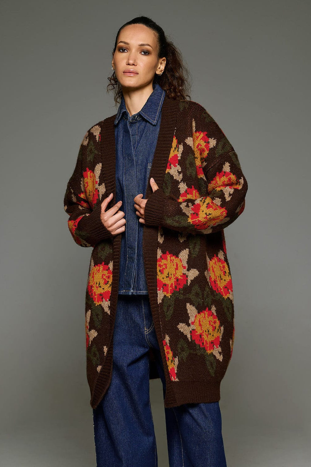 Tailor Made Oversized Knitted Cardigan Floral Brown TM7575