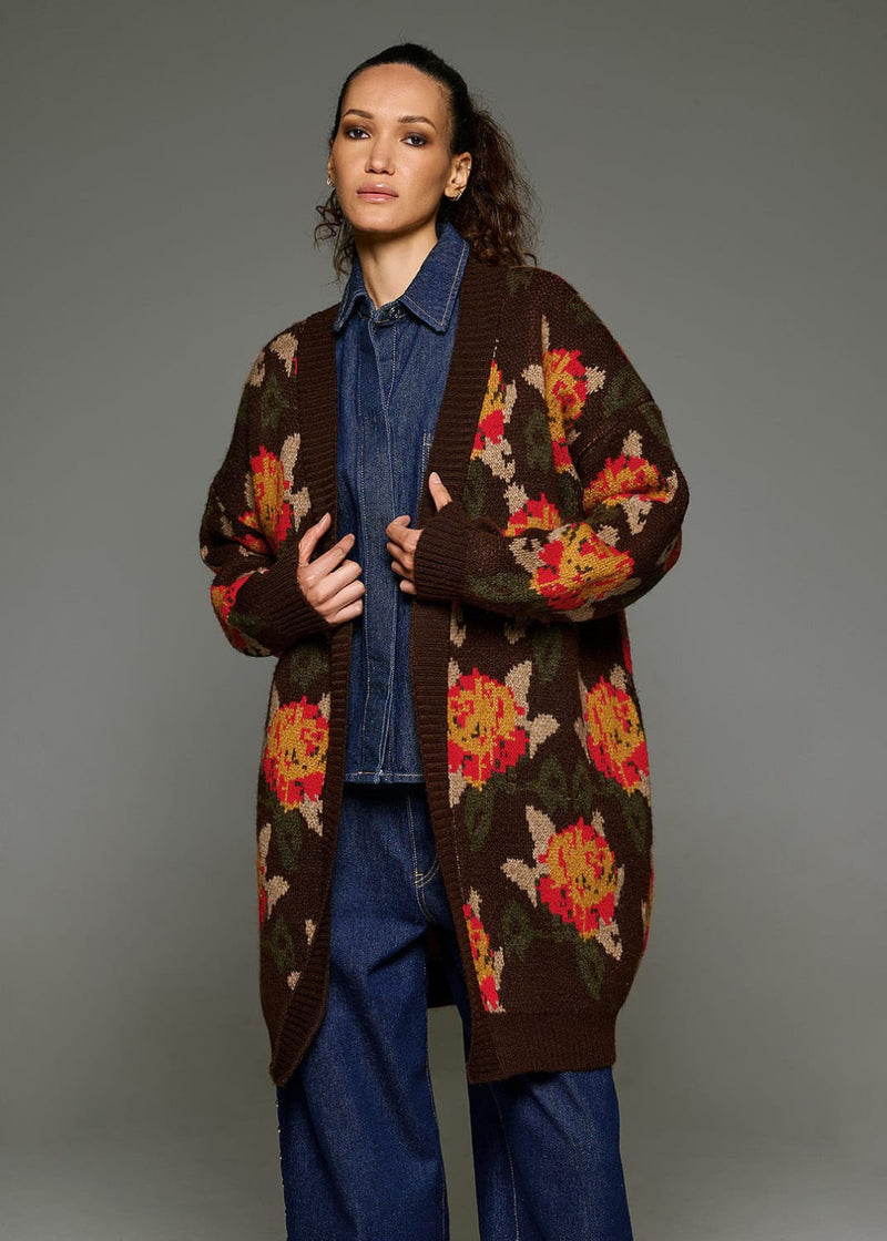 Tailor Made Oversized Πλεκτή Ζακέτα Floral Καφέ  TM7575