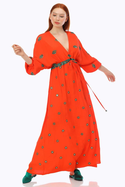 Πορτοκαλί maxi φόρεμα γραμμή αμπίρ πουά μπρονζέ λεπτομέρειες LD27