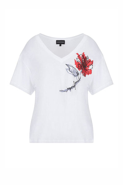 Oversized V-neck Jersey T-shirt With Floral Print Άσπρο 3L2T7Y 2JTAZ1 0100